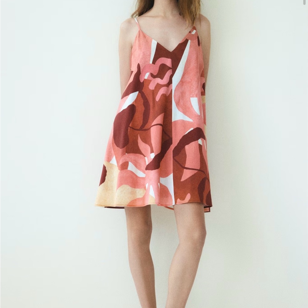 NWT H&M Pink and Brown Abstract Linen Mini Dress